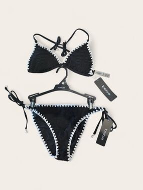 bebe Black Bikini with White Crochet Trim